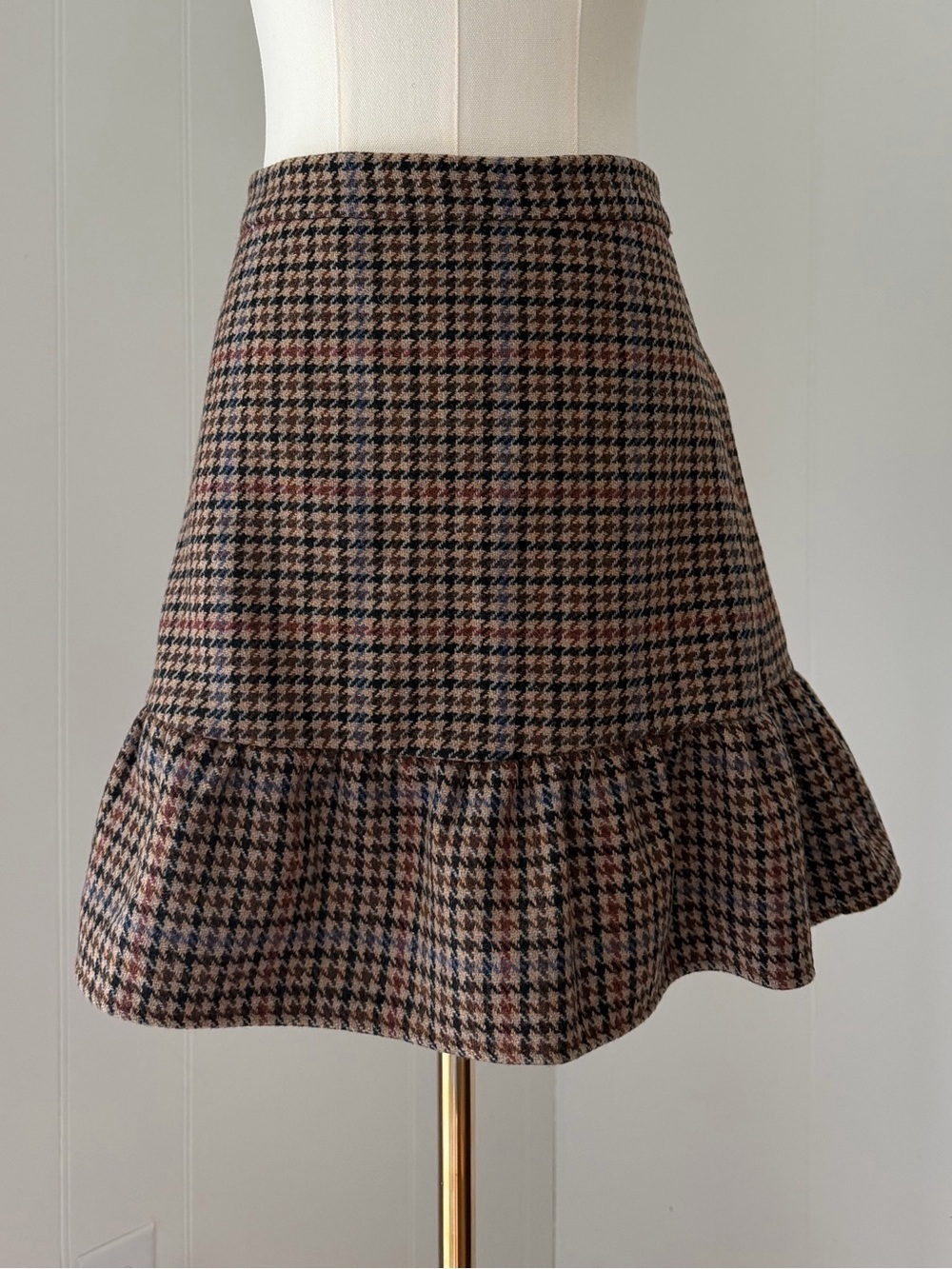 Brand New w Tags J. Crew Brown Houndstooth Ruffle Hem Skirt